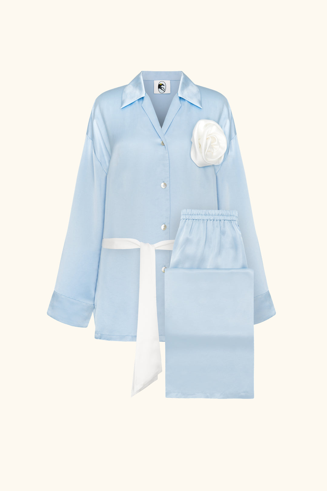 The Rose Oversized Pajama Set in Blue with White trim