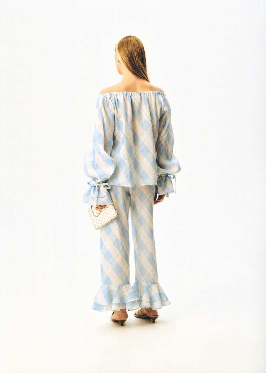 Cha-Cha Linen Lounge Pants with Headscarf in Blue Plaid