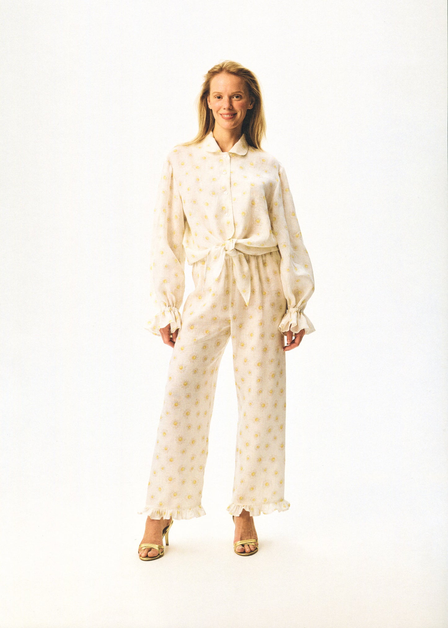 Puff Linen Lounge Pants with Headscarf in Daisies