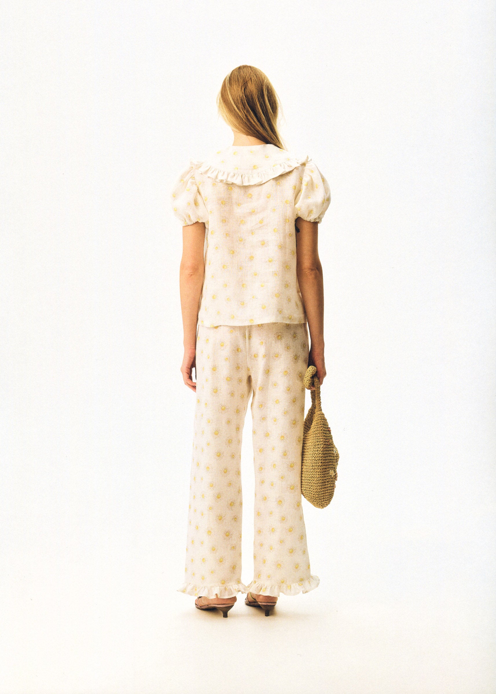 Puff Linen Lounge Pants with Headscarf in Daisies