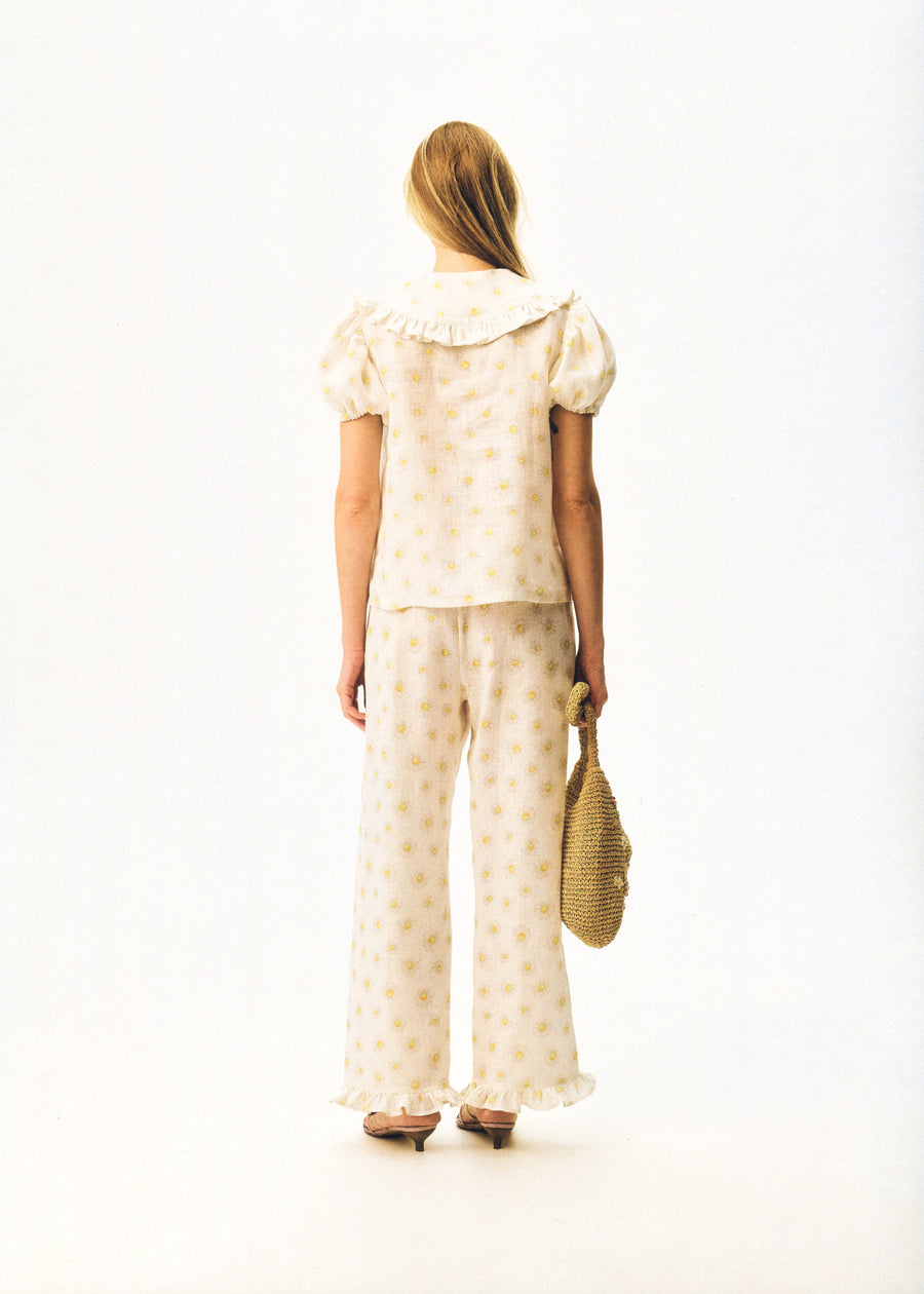 Puff Linen Lounge Pants with Headscarf in Daisies