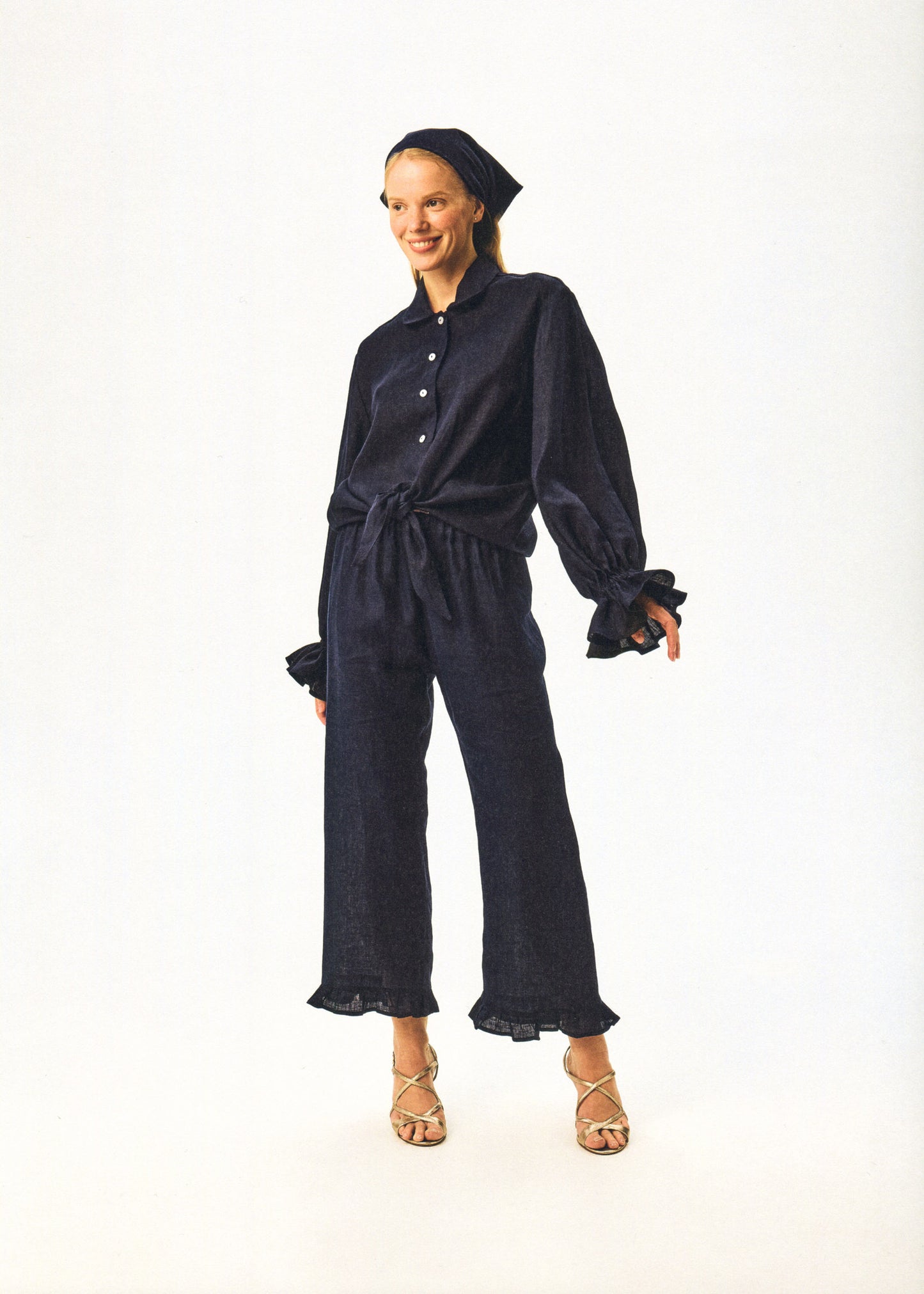 Puff Linen Lounge Pants with Headscarf in Navy