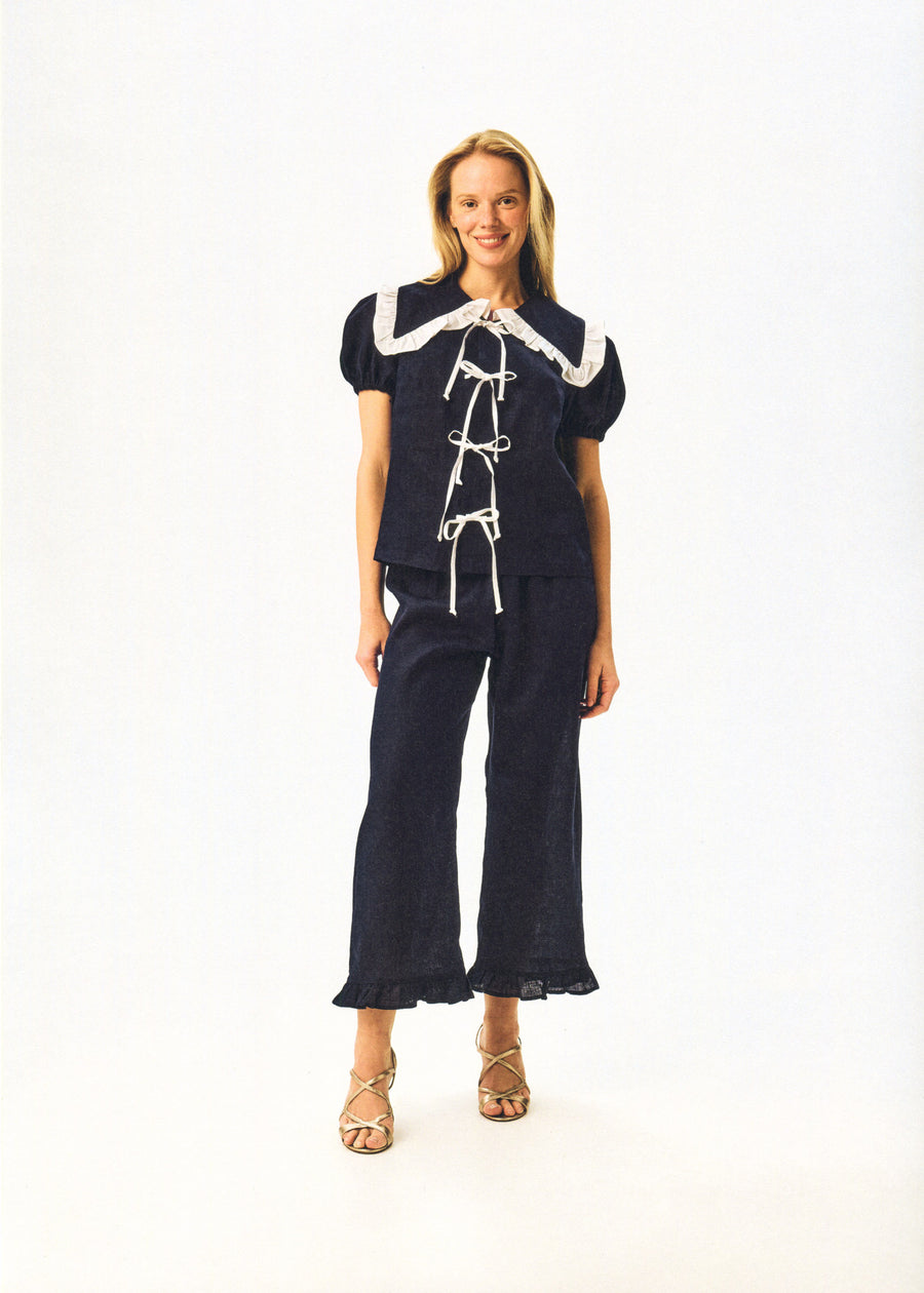 Puff Linen Lounge Pants with Headscarf in Navy