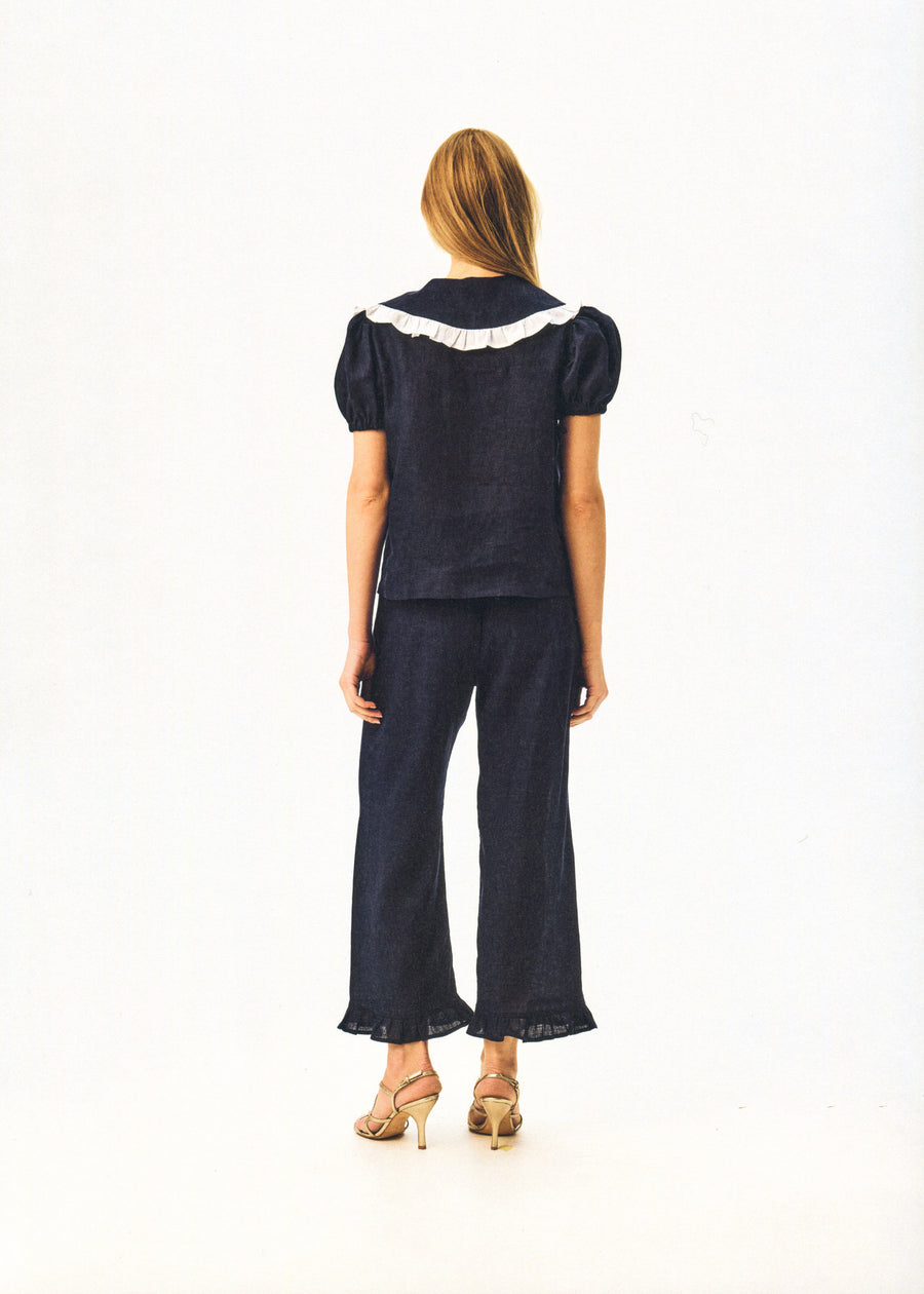 Puff Linen Lounge Pants with Headscarf in Navy