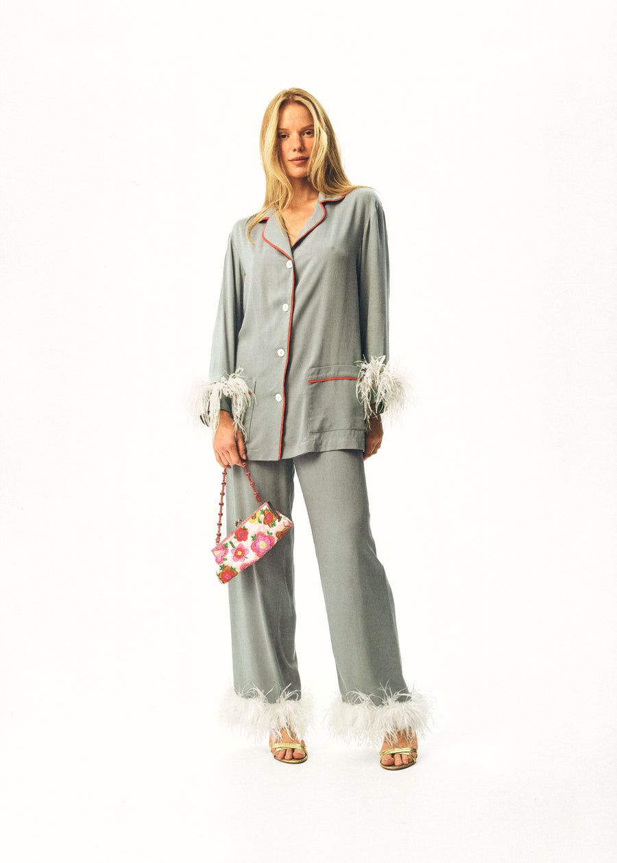 The iconic Party Pajama Suit with Feathers