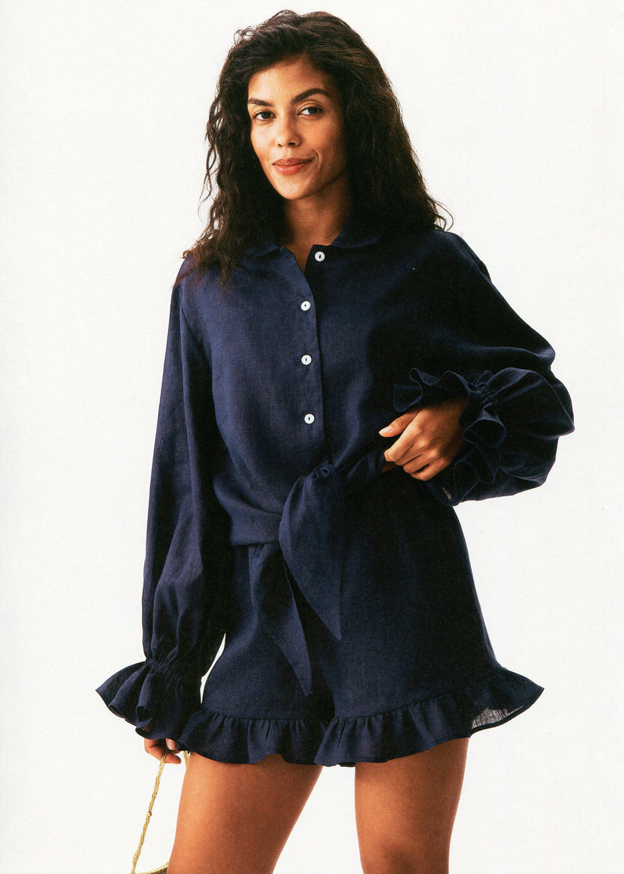 Rumba Linen Lounge Shirt in Navy